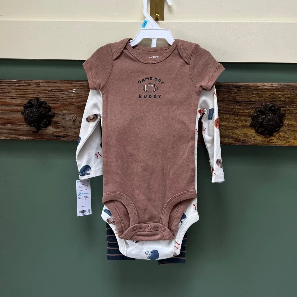 Carters Baby Boy 3pc Set‎ 6M Game Day Buddy Football Bodysuits Striped Pants NWT